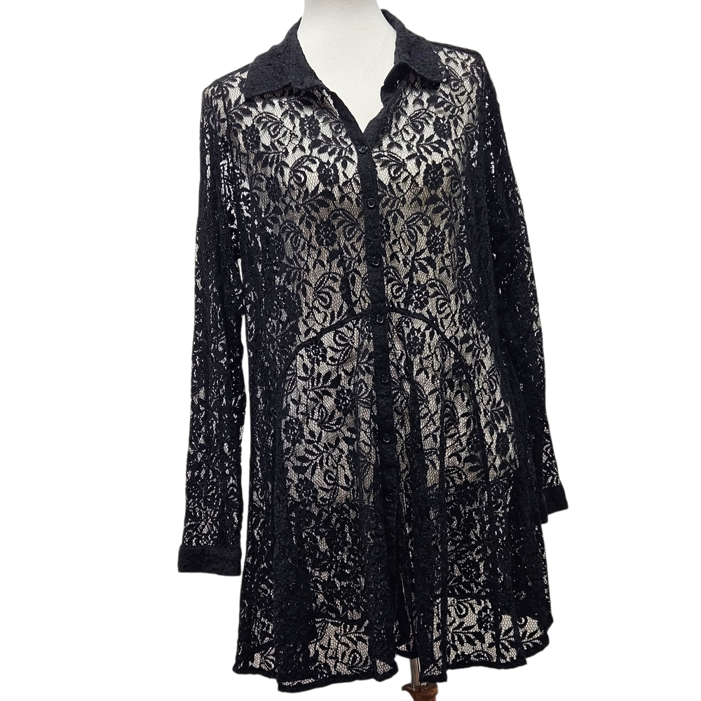 City Chic Sheer Floral Lace Mini Dress Medium Black Button Front LS Goth Witchy